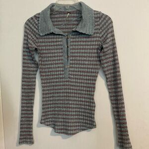 Free People Gray and Black Ribbed Button Down Shirt